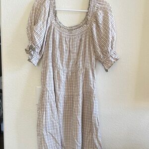 Old Navy Cream Plaid Square-Neck Midi Dress with Puff Sleeves